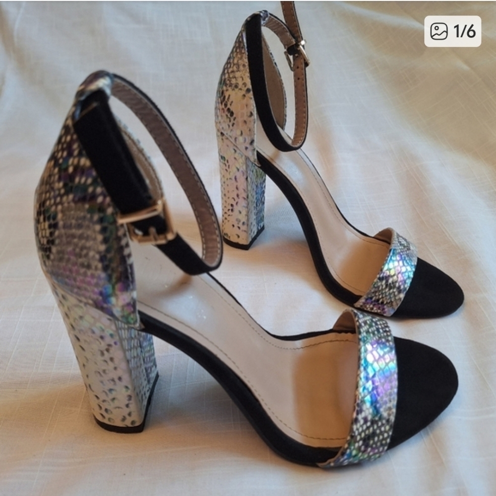 Rouge Helium Iridescent Colorful Metallic Black Snake Print Chucky Edgy Heels